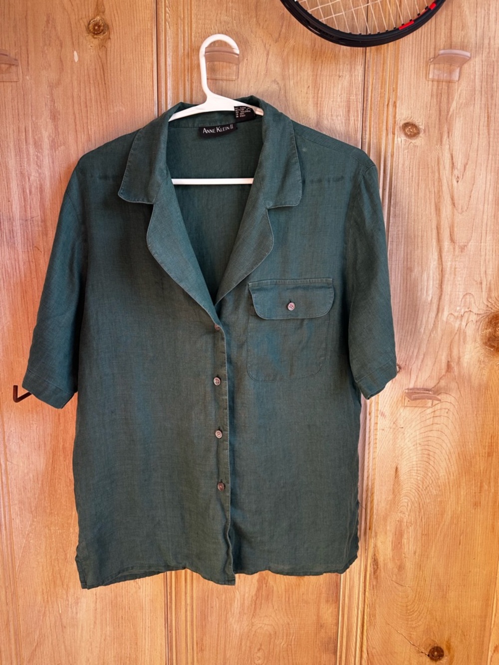 Anne Klein II 100% Linen Button Down Top | Green Short Sleeve Blouse | Petite 8